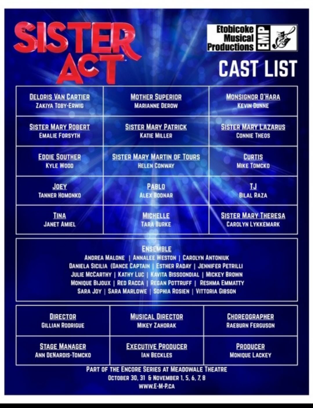 Congratulations to the selected Cast of our Fall 2026 Production of Sister Act! Thank you to everyone who came out to Audition, we were so impressed with the talent. This is going to be one HEAVENLY show, we can’t wait to start rehearsing. We open October 30th and run through November 8th. Tickets go on sale August 3rd. CONGRATS again to our chosen performers. 🙏

#congrats #castlist #fallshow #etobicoketalent #mississaugatalent